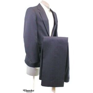 Vintage American Trend 2 Piece Suit Blue 2 Btn Wool Blend 40R Flat Front 34" W